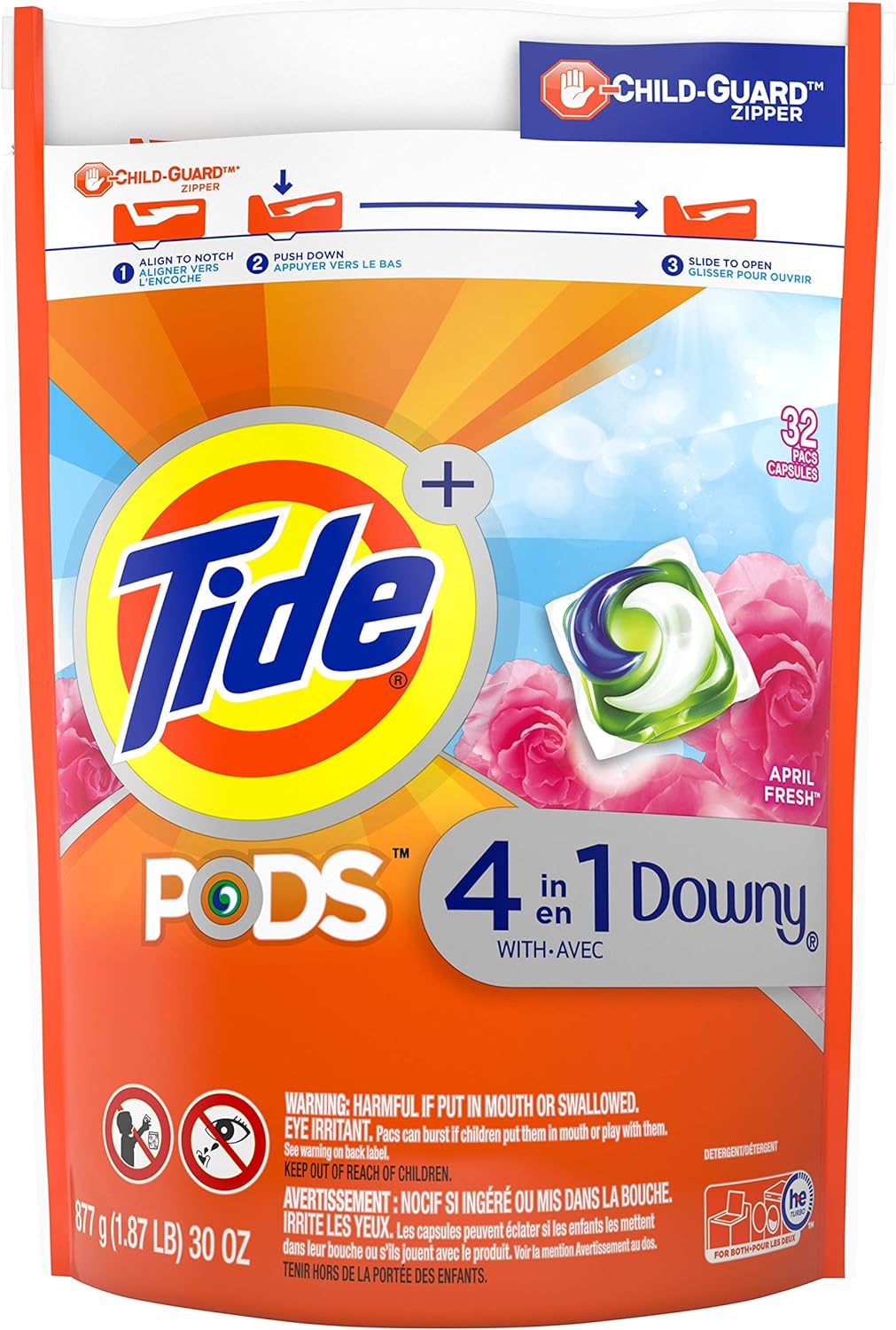 Capsules Tide 4 en 1 Downy April Fresh 32ct (877g)