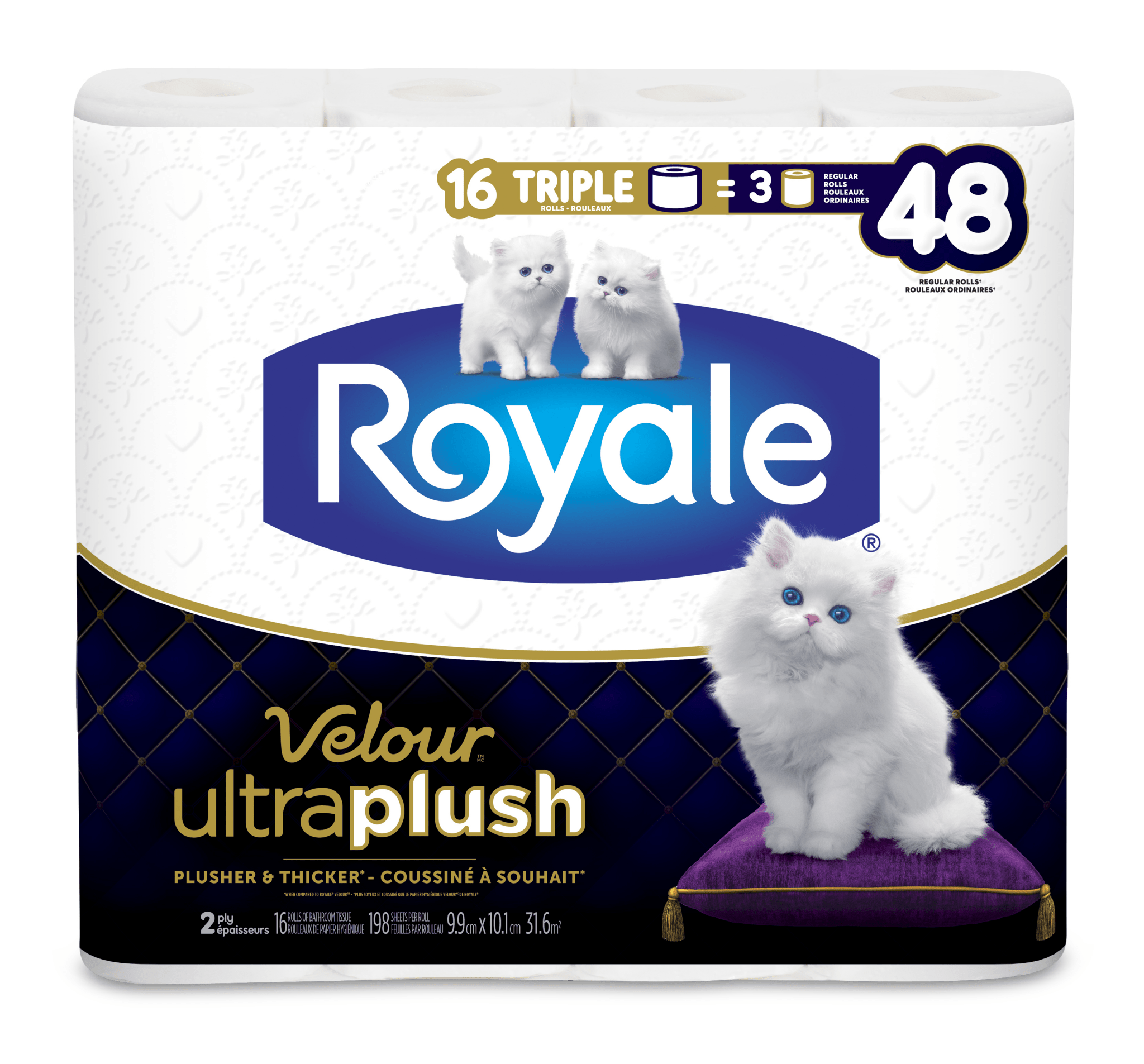 Royale Velour Toilet Paper 16TR=48R 2Ply 198S(16Rolls) - Brandco Direct Inc