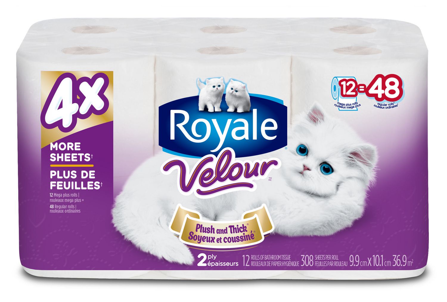 Royale Velour Toilet Paper 12MPR=48R 2Ply 284S (12Rolls) - Brandco Direct Inc