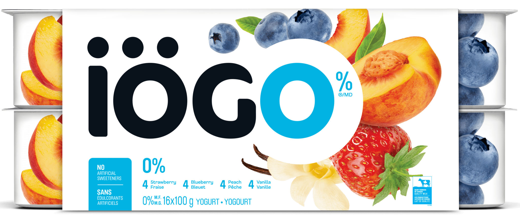 IOGO Strawberry, Blueberry, Peach, Vanilla, Fat Free Yogurt Cups 0% 16x100.0 g - Brandco Direct Inc
