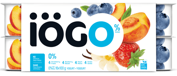 IOGO Strawberry, Blueberry, Peach, Vanilla, Fat Free Yogurt Cups 0% 16x100.0 g - Brandco Direct Inc